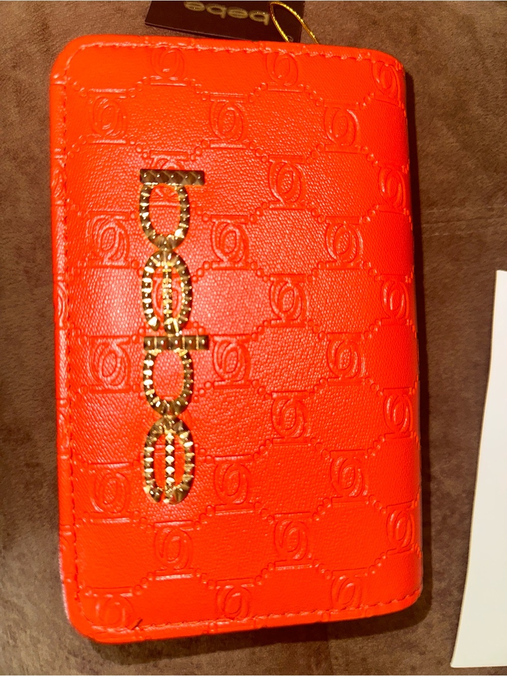 bebe red crossbody with Gold Logo Accent